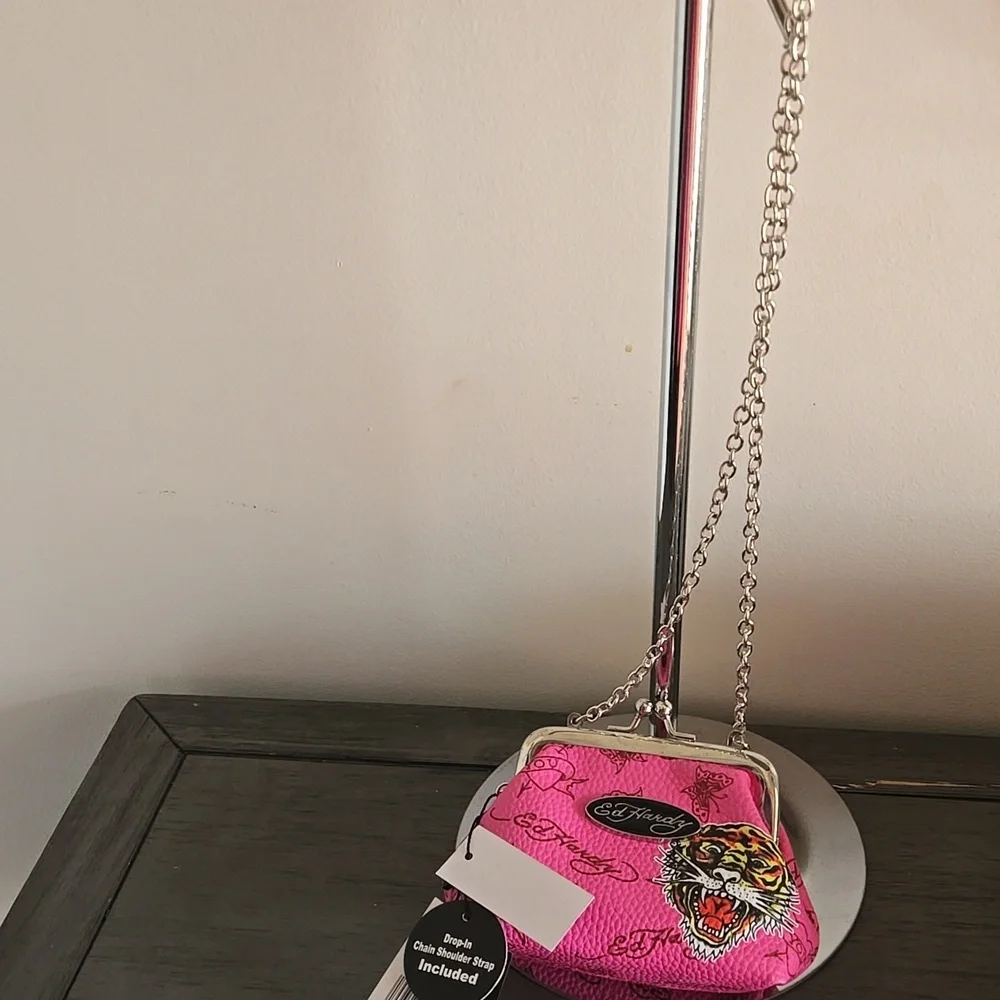Ed Hardy Pink Clutch with Tiger Design Silver Chain